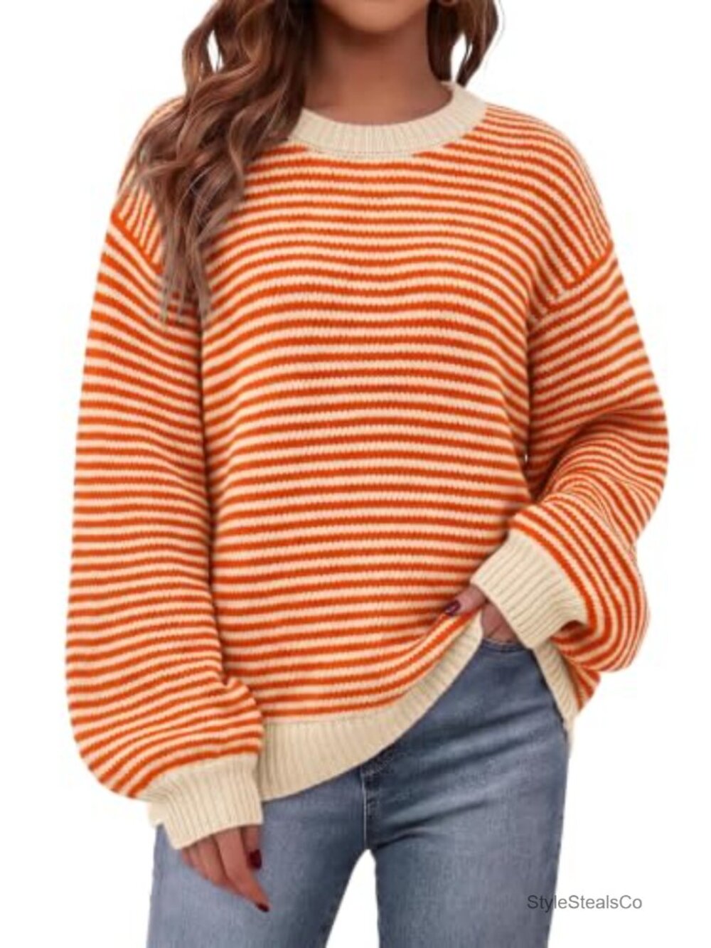 Oversized Striped Knit Sweater Crewneck Pullover Casual Long Sleeve